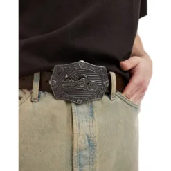 ASOS DESIGN moto Americana plate belt buckle in brown faux leather with whipstitch detail