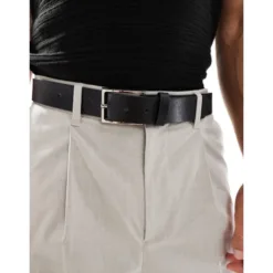 ASOS DESIGN smart faux leather belt with silver buckle in black
