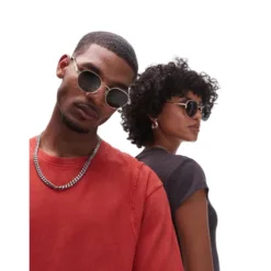 Le Specs odyssey round metal sunglasses with green polarised lens